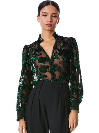 Zina Sheer Button Down Blouse In Black/emerald | Alice And Olivia