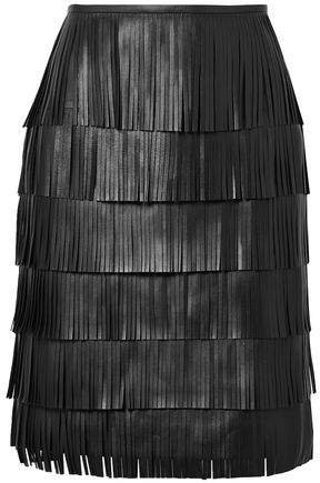 Tiered Fringed Leather Mini Skirt
