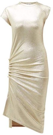 Asymmetric Ruched Metallic Effect Midi Dress - Womens - Silver Gold