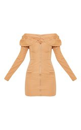 Camel Bardot Zip Front Shirt Bodycon Dress | PrettyLittleThing USA