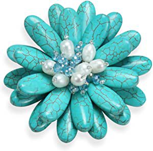 Amazon.com: AeraVida Double Sunflower Simulated Turquoise and Cultured Freshwater White Pearl Floral Pin or Brooch: Clothing