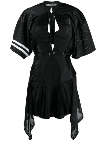 Alexander Wang Striped Cutout Pleated Mesh And Georgette Mini Dress In Black | ModeSens