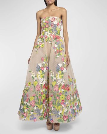 Elie Saab Floral Embroidered Swiss Dot Strapless Gown | Neiman Marcus