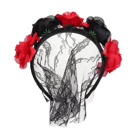 Rose Flower Lace Veil Headband Women Halloween Masquerade Party Prom - Black & Red - Tmart