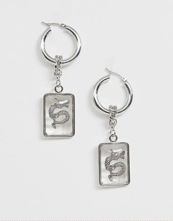 ASOS DESIGN earrings with jewel and engraved dragon detail in silver tone | ASOS