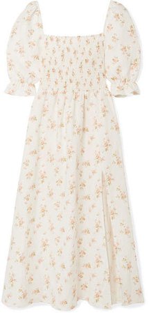 Marabella Shirred Floral-print Linen Midi Dress - Ecru