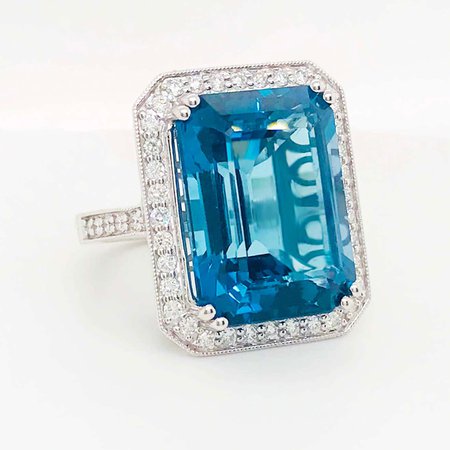 27 Carat Topaz and Diamond Halo Ring 14K White Gold Emerald Royal Ocean Blue Color For Sale at 1stDibs