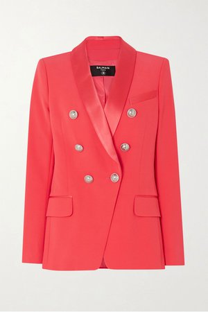 Pink Double-breasted satin-trimmed crepe blazer | Balmain | NET-A-PORTER