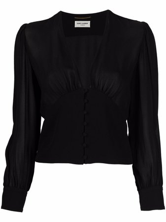 Shop Saint Laurent buttoned-up V-neck blouse with Express Delivery - FARFETCH