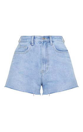 PLT Light Blue Wash Raw Hem Hot Pants | PrettyLittleThing USA