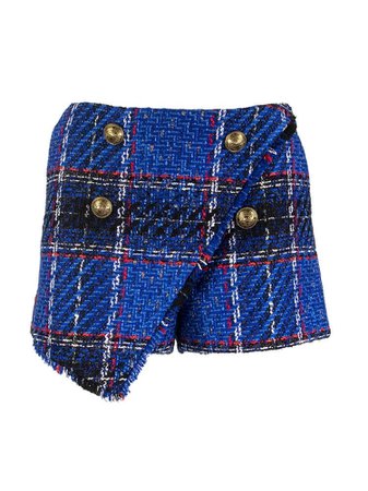 BALMAIN Balmain Asymmetrical Blue Tartan Tweed Shorts