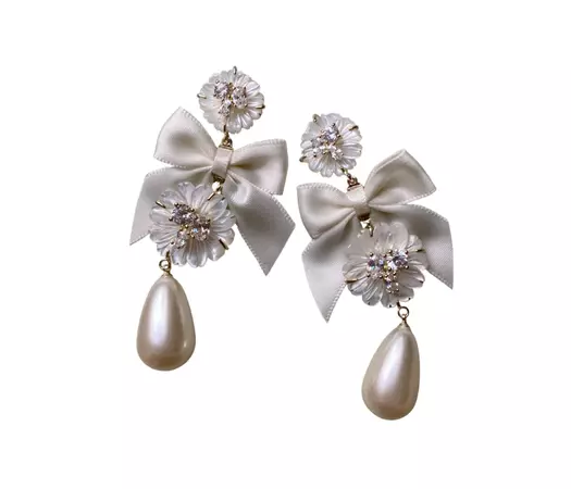 Embellished Mother of Pearl and Ivory Bow Earrings | Over The Moon