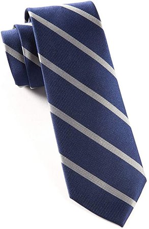 The Tie Bar 100% Woven Silk Navy and Silver Trad Striped Tie at Amazon Men’s Clothing store: Neckties