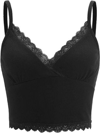 MakeMeChic Women's Y2K Lace Trim V Neck Sleeveless Cami Crop Top Camisole Black S at Amazon Women’s Clothing store