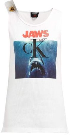 Jaws Print Ribbed Stretch Cotton Tank Top - Womens - White Multi