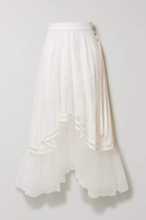 Asymmetric Embroidered Tulle Midi Skirt - Ivory