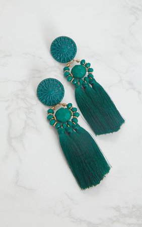 Emerald Green Acrylic Bead Tassel Earring | PrettyLittleThing