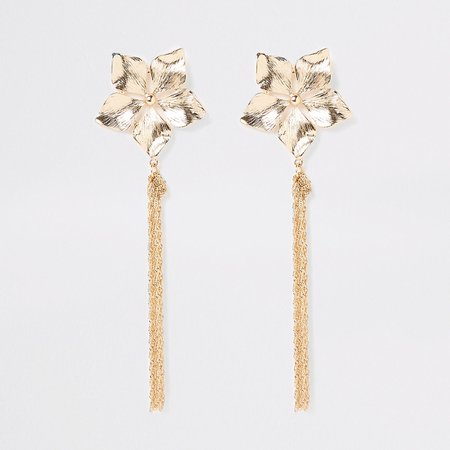 Gold color flower chain drop earrings - Earrings - Jewelry - women