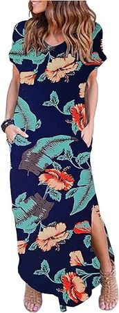 Zilcremo Women Summer Casual Maxi Dress Loose Pockets Short Sleeve Split Boho Dresses Apricot at Amazon Women’s Clothing store