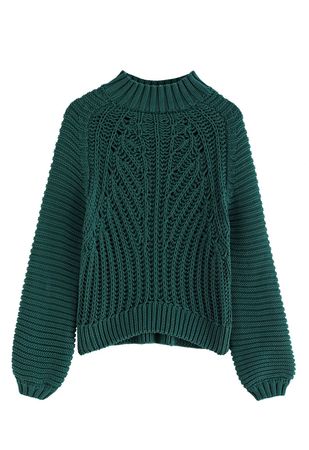 Exaggerated Ribbed High Neck Chunky Knit Crop Sweater in Dark Green - Retro, Indie and Unique Fashion