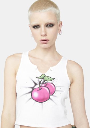Delias Cherry Airbrush Cropped Tank Top White Pink | Dolls Kill