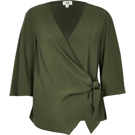 Khaki green ring tie waist blouse - Blouses - Tops - women