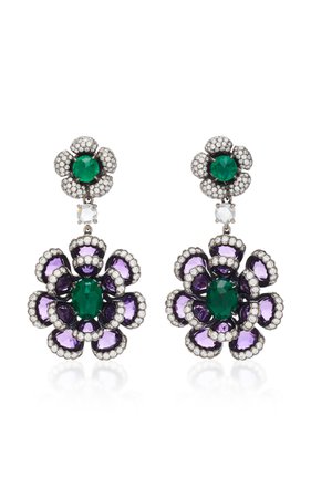 18K White Gold, Emerald, Amethyst, and Diamond Earrings by Saboo | Moda Operandi