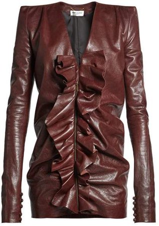 Ruffled Panel Leather Mini Dress - Womens - Dark Brown