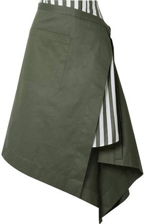 Asymmetric Wrap-effect Striped Voile And Cotton-drill Midi Skirt - Army green