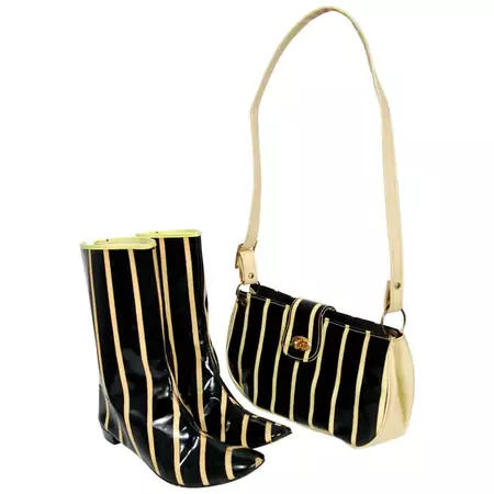 1960's Glow In The Dark Yellow and Black Striped Vinyl Mod Flat Boots Purse Set at 1stDibs | boot and purse set, boots and purse set
