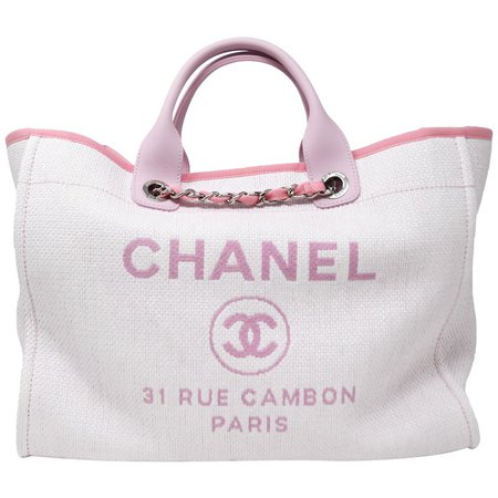 Chanel White Woven Tote with Pink Handle & Chain Strap