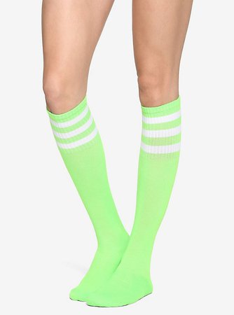 Neon Green & White Cushioned Knee-High Crew Socks