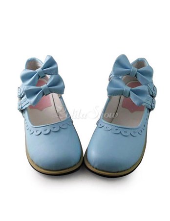 Lolitashow Matte Light Blue Lolita Shoes with Bows and Trim - Lolitashow.com