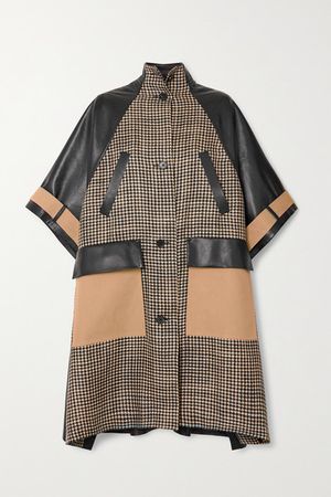 Nyree Houndstooth Tweed, Gabardine And Leather Coat - Black