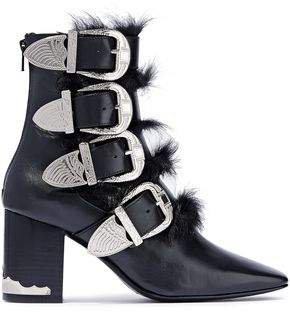 Shearling-paneled Buckle-detailed Leather Ankle Boots