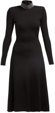 Crystal Embellished Ribbed Jersey Midi Dress - Womens - Black