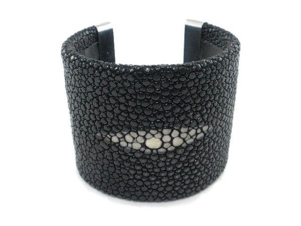 Black Stingray Leather and Silver Cuff Bracelet-Large