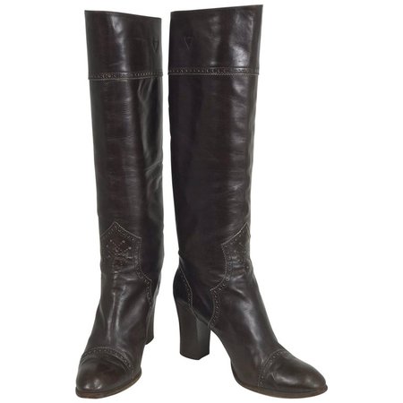 Yves Saint Laurent Decorated Dark Brown Leather High Heel Boots Vintage 1970s at 1stDibs