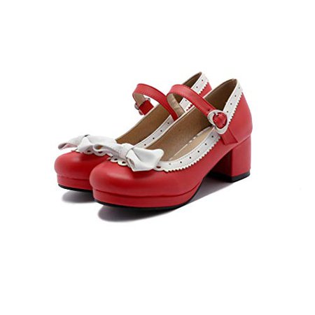 Amazon.com | ELFY Women's Cute Lolita Cosplay Shoes Bow Mid Chunky Heel Mary Jane Pumps red 9 | Pumps