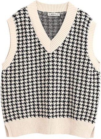 SAFRISIOR Oversized Houndstooth Knitted Vest Sweater Vintage V Neck Loose Sleeveless Sweater at Amazon Women’s Clothing store