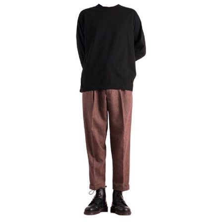 black crewneck sweater brown tweed tailored pants combat boots full outfit png
