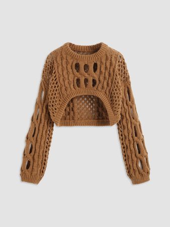 French Riviera Vacation Knit Round Neckline Hollow Out Long Sleeve Crop Top - Cider