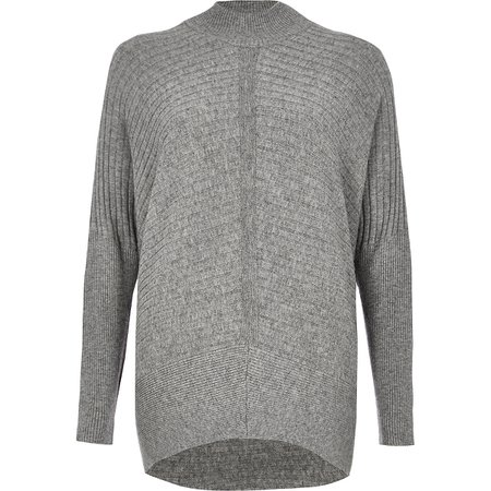 Grey rib knit high neck long sleeve sweater - Sweaters - Knitwear - women