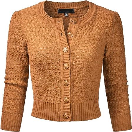 EIMIN Women's Crewneck Button Down 3/4 Sleeve Cropped Cardigan Sweater Olive L at Amazon Women’s Clothing store