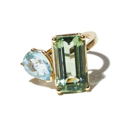 14k Yellow Gold Moi Et Toi Gemstone Ring With Aquamarine And Green Amethyst By Jia Jia | Moda Operandi