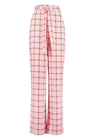 Pastel Check Tie Waist Wide Leg Trouser | Boohoo UK