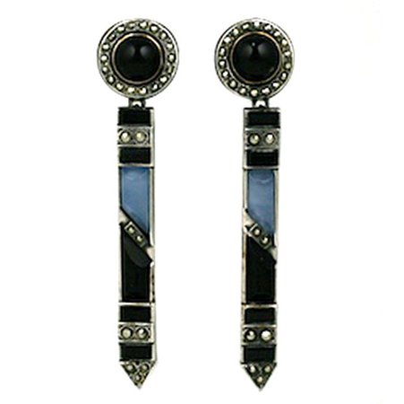 Art Deco Chalcedony, Onyx and Marcasite Earrings For Sale at 1stdibs