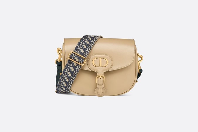 Bolso grande Dior Bobby Piel de becerro box beige con bandolera bordada con el motivo Dior Oblique azul - products | DIOR