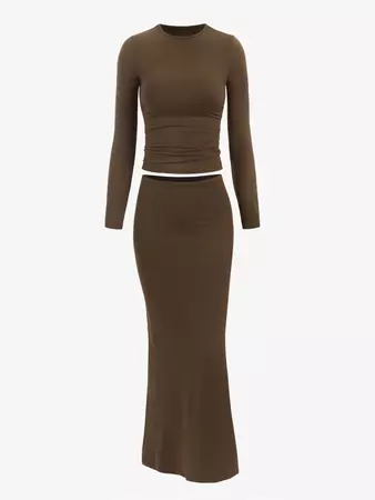 Women's Daily Dating Night Solid Color Matching Co Ord Two Piece Dress Long Sleeve Slim Layering Tee And Mermaid Maxi Skirt Set In COFFEE | ZAFUL 2023