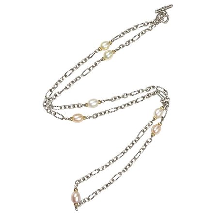 David Yurman Sterling Gold and Pearl Long Necklace For Sale at 1stdibs